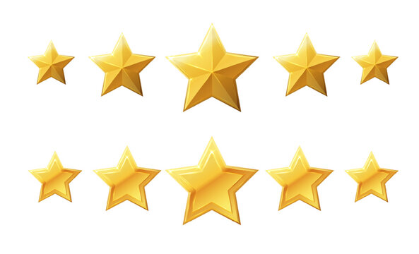 Golden star rating icons in 3D style for quality reviews and customer feedback surveys on websites with elegant five-point rating system design elements