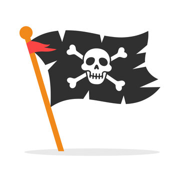 Pirate flag with skull and crossbones on a pole outside  symbol of piracy and danger