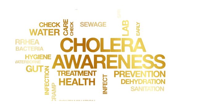 cholera awareness concept Animated Tag Word Cloud kinetic typography, Text Design Animation typography seamless loop video motion graphics Intro Wordart gold golden type on white background bg backdro