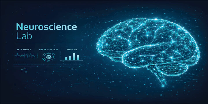 Neuroscience Lab Dashboard with Glowing Digital Brain Network and Medical Data Visualization