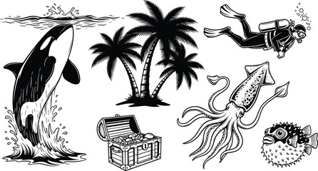 Underwater Adventure Icons Set, Featuring Whale, Scuba Diver, Treasure Chest, Squid, and Palm Trees © Bappi