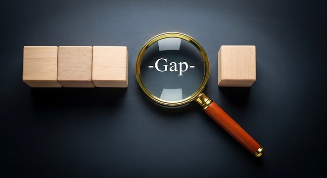magnifying glass examining gap between wooden blocks on dark background