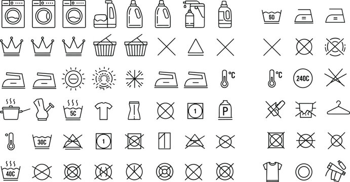Laundry and Care Icons Set, Featuring Washing Symbols, Detergents, Ironing, and Fabric Care Instructions