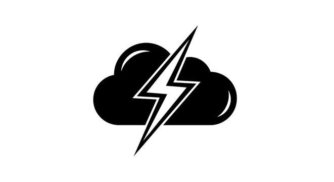 Black storm cloud icon with lightning bolt on white background