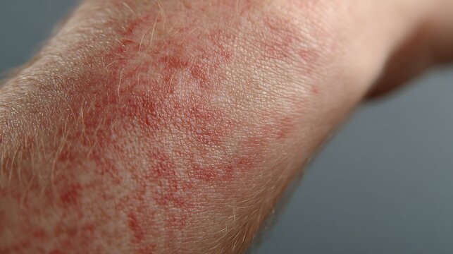 Awesome photo of close-up of a red skin rash on a person's arm, symptomatic of dermatitis or allergy.
