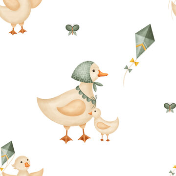 Pattern watercolor goose, butterflies, flying kite. Hand-drawn illustration in childish vintage style. Seamless print isolated from background for textiles, fabrics, clothing