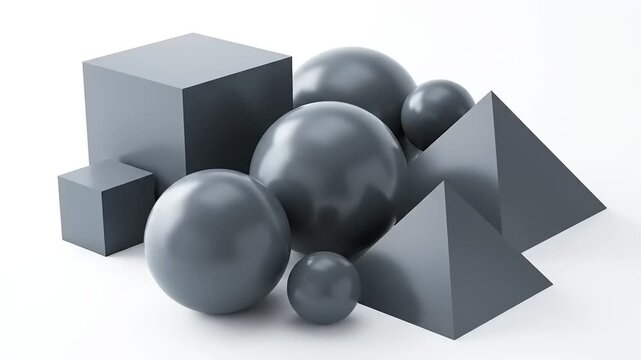 Collection of Geometric Shapes Cubes Spheres Pyramids on White Background.