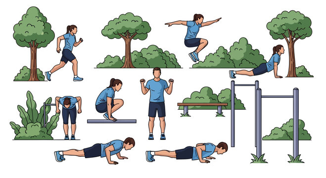 Outdoor Fitness Routine: Diverse Exercises in Park Setting
