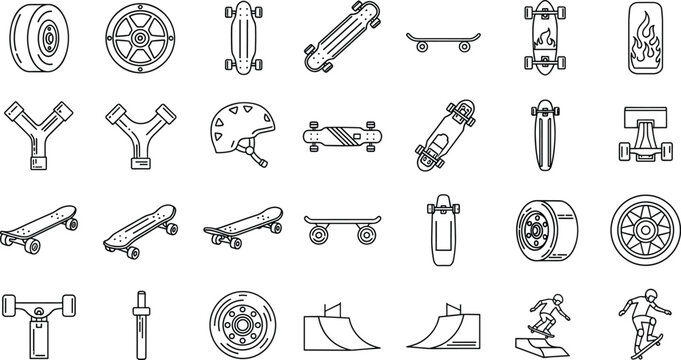 Skateboarding Icons Set, Featuring Skateboards, Wheels, Ramps, Helmets, and Skater Accessories