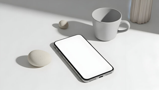 Minimalist Setup Phone, Mug, and Smooth Stones