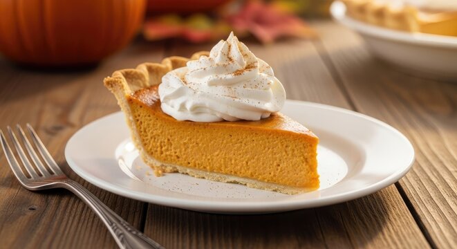 Slice of creamy pumpkin pie topped with whipped cream on white plate with metal fork set.