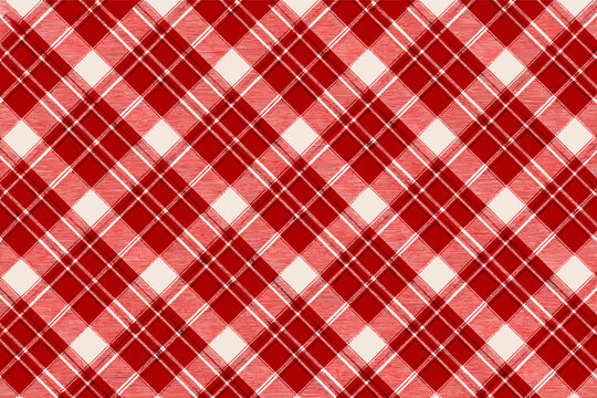 Red and White Diagonal Plaid Seamless Pattern Background, Classic Checkered Tartan Texture for Fabric, Textile, Wallpaper, and Gift Wrap, Traditional Scottish Gingham Vector Illustration Design.