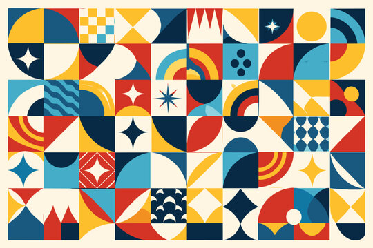 Abstract Geometric Pattern Design in Retro Mid-Century Modern Style with Patchwork Mosaic of Colorful Shapes, Red, Blue, and Yellow Minimalist Bauhaus Vector Illustration Background Art.