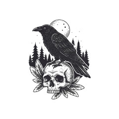 Obraz premium Black crow sitting on skull.
