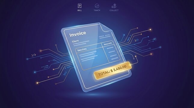 Digital invoice document floats above a glowing network of electronic pathways with a gold payment notification button that highlights current transaction status for modern financial accounting.