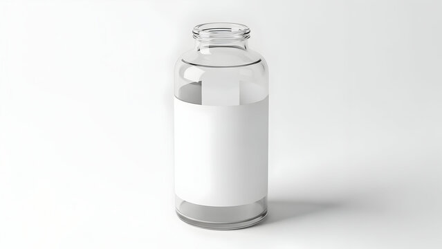 Clear Glass Bottle with White Label on White Background