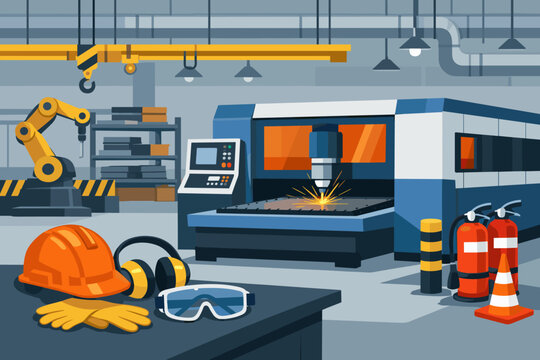 Modern industrial manufacturing factory interior featuring CNC laser cutting machine with sparks, robotic arm, and safety gear like hard hat, goggles, and gloves for workplace protection.