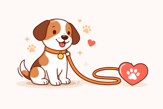 Cute cartoon puppy sitting on an orange leash ending in a heart with a paw print, symbolizing pet love, animal care, dog walking, and pet adoption. Vector illustration for animal lovers.