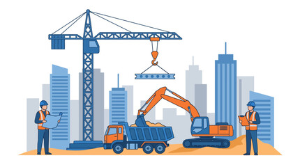 Busy urban construction site featuring a tower crane, excavator, and dump truck with workers wearing hard hats against a city skyline © Achmad
