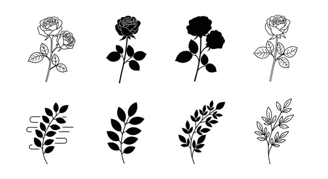 Elegant rose branches and leaves in silhouette and outline styles for design.