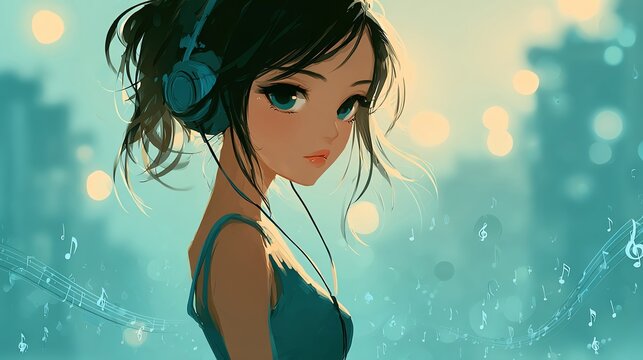 lofi music illustration dreamy urban walk, silhouette of girl with headphones, glowing neon sketch, music notes floating in the air, night calm feeling
