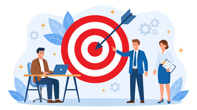 Team collaborating to hit a target: business strategy, goal setting, and performance planning illustration