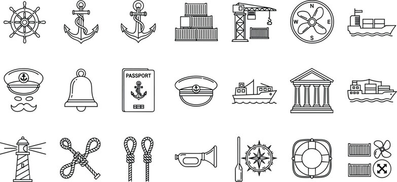 Black and White Vector Set of Nautical and Maritime Icons Featuring Anchors, Ships, and Sailor Symbols