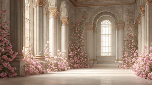 Luxury Palace Interior decorated with pink flowers. Wedding Interior Background