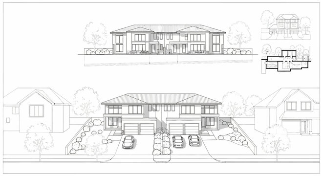 Downloadable architectural blueprint illustrating a modern residential multi-unit building design, complete with detailed elevations and practical floor plans for project planning