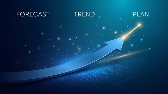 Arrow pointing upward across a textured digital platform signifies positive trends, accurate forecasting, and successful planning for long-term corporate development in a competitive global market.