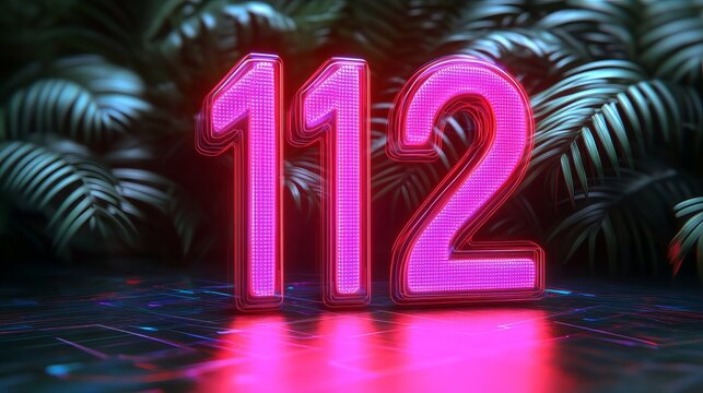 Vibrant Neon Render of Number 112 Amidst Lush Greenery in an Abstract Digital Landscape Art