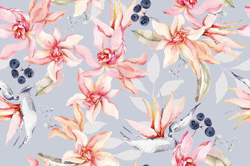 Seamless pattern of orchids, Heliconia flower and flower with watercolor for fabric and wallpaper.Blooming floral painting for summer.Tropical plants on pastel tones background. © joy8046