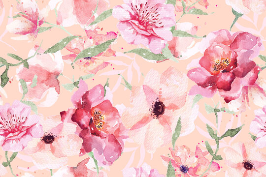 Seamless pattern of rose and blooming flower painted in watercolor on abstract orange background.For fabric luxurious and wallpaper.Hand drawn botanical floral pattern.
