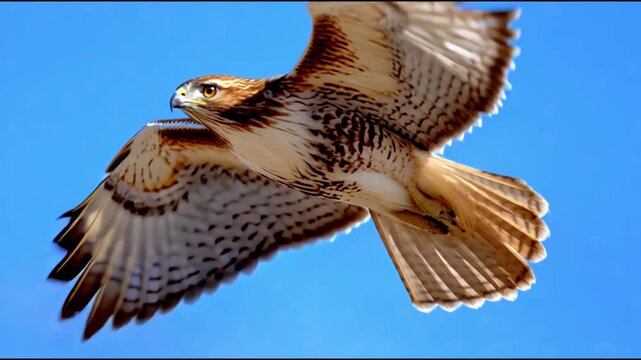 Majestic hawk soaring through a clear blue sky with wings spread wide.