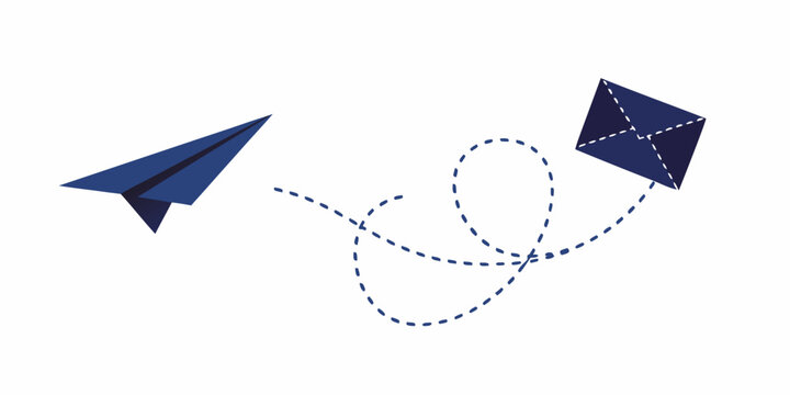 Blue paper airplanes with dotted flight path illustration on white background