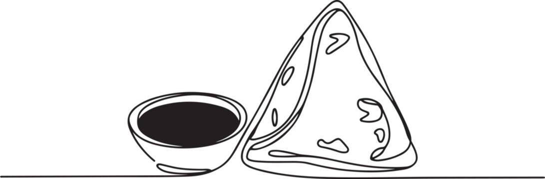 Continuous one line of samosa with chutney, representing bold spices and textures. Single line art. Editable stroke