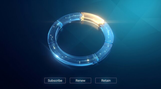 Segmented loading ring highlighting a glowing piece represents the final stage of the subscribe, renew, and retain process within a high tech business environment focused on user base management.