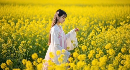 Fototapeta premium Young woman in traditional clothing stands amidst a vast field of blooming yellow flowers.
