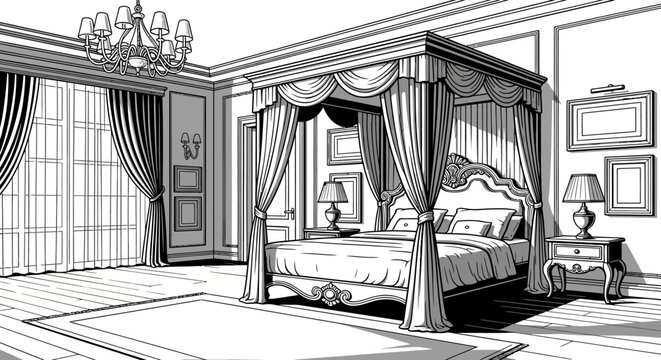 Luxurious canopy bed in elegant bedroom black and white illustration