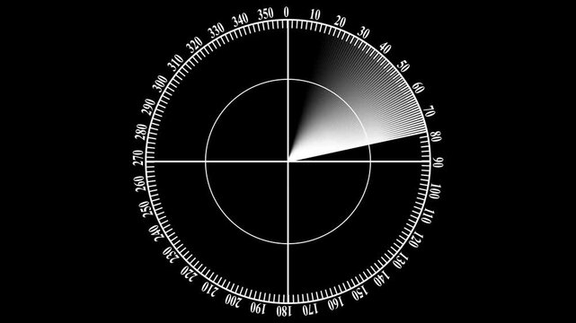 Radar screen interface with circular scale and scanning beam on black background