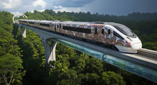 Futuristic Maglev Train in Lush Tropical Landscape