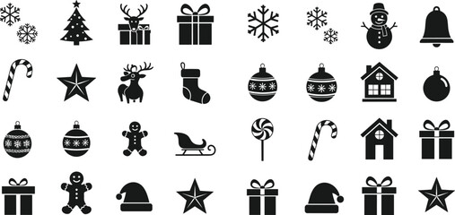 Black and White Vector Set of Christmas Icons Featuring Gifts, Snowflakes, Santa, and Holiday Decorations © Bappi