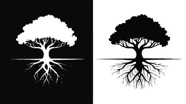 Tree Silhouette: A striking display presents a solitary tree silhouette against a backdrop of contrasting black and white, symbolizing resilience and life