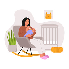 Vector illustration of a young mother feeding a baby. Cartoon scene of a mother sitting in a chair, feeding a baby with a bottle, a baby bed, a picture, a flowerpot isolated on a white background. © MVshop