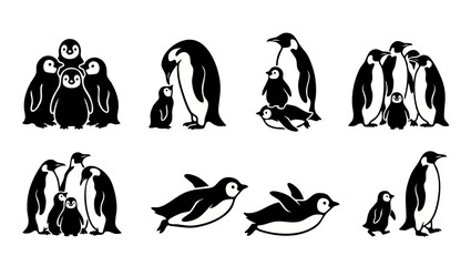 Penguin family icon set, black silhouette vector illustration of cute arctic birds, emperor penguins standing and swimming, minimalist wildlife graphic elements for winter holiday design projects coll © Fernando