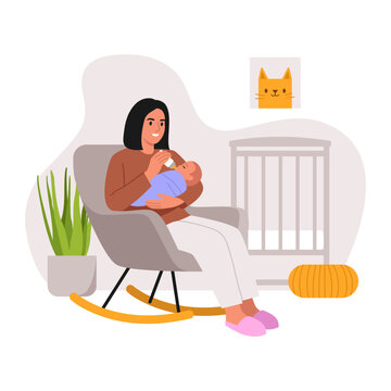 Vector illustration of a young mother feeding a baby. Cartoon scene of a mother sitting in a chair, feeding a baby with a bottle, a baby bed, a picture, a flowerpot isolated on a white background.