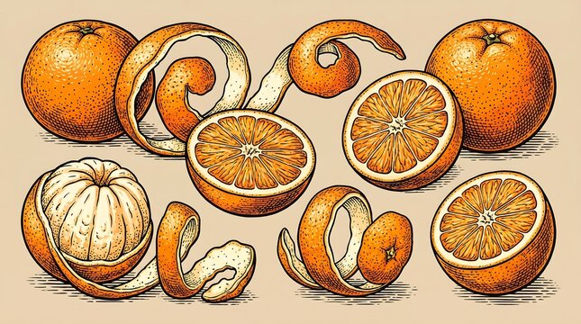 Collection of whole peeled and sliced oranges with their peels artfully arranged on a plain background