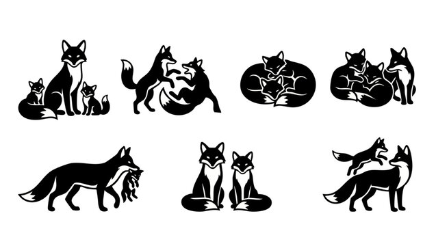 Fox family silhouettes set, mother fox with kits playing and resting, black and white vector icons isolated on white background, cute wild animal collection, wildlife illustration for logo or design.