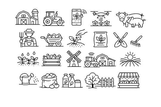 Agriculture and Farming Line Icons Set &ndash; Editable Stroke Farm, Livestock, Crops Vector Collection
