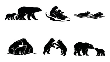 Polar Bear Silhouette Set Arctic Wildlife Icons Vector Illustration of Bear Family and Cubs Playing in Snow, Swimming and Walking for Nature Conservation and Wildlife Education Design Elements Isolate © Fernando